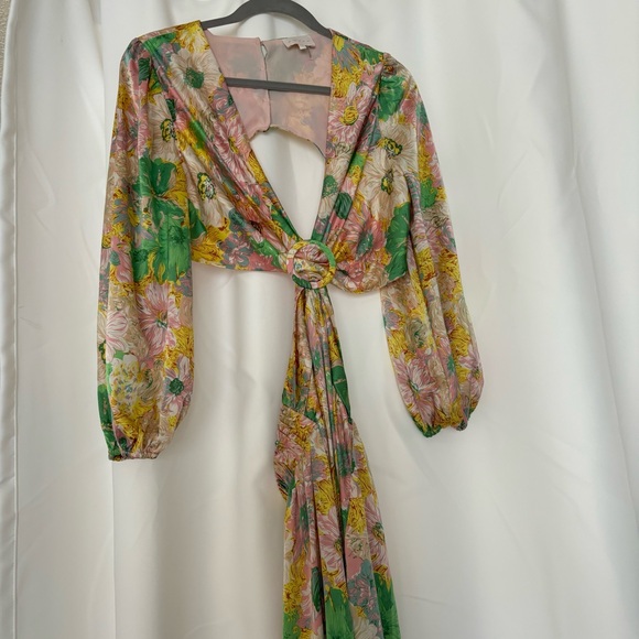 Pink and Green Floral Print Satin Cut Out Open Back Maxi Dress Size Medium - Picture 5 of 9